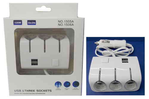 Car Charger with 3xCigarette Socket + 2xUSB